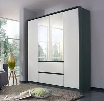 Mainz Metallic Grey and Alpine White 4 Door 2 Drawer Combi Wardrobe with 2 Mirror Front - 181cm