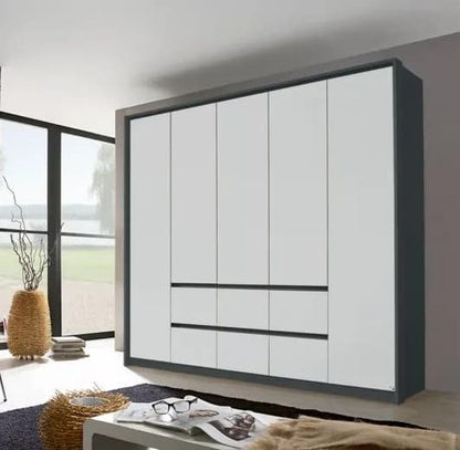 Mainz Metallic Grey and Alpine White 5 Door 6 Drawer Combi Wardrobe - 226cm