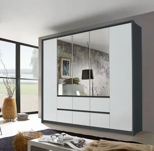 Mainz Metallic Grey and Alpine White 5 Door 6 Drawer Combi Wardrobe with 3 Mirror Front - 226cm