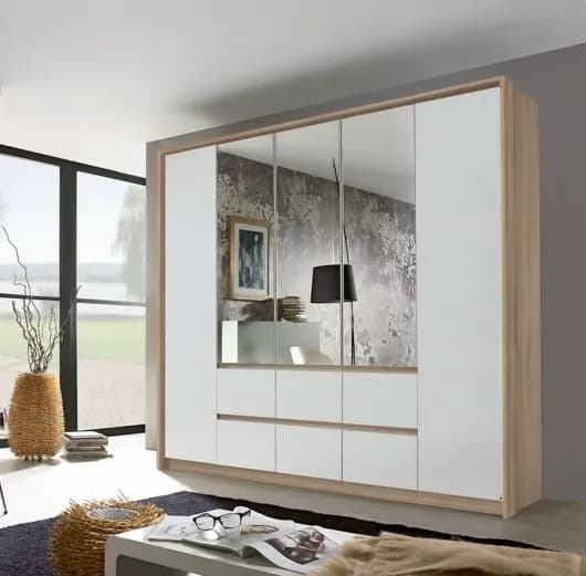 Mainz Sonoma Oak and Alpine White 5 Door 6 Drawer Combi Wardrobe with 3 Mirror Front - 226cm