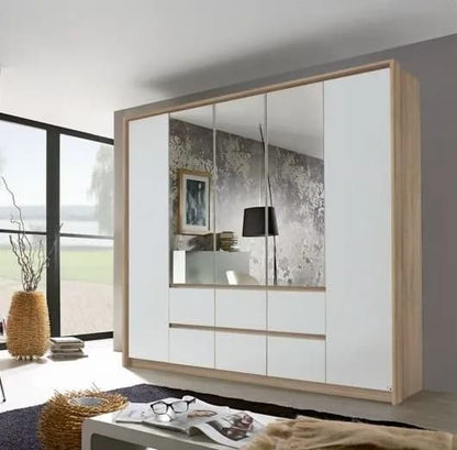 Mainz Sonoma Oak and Alpine White 5 Door 6 Drawer Combi Wardrobe with 3 Mirror Front - 226cm