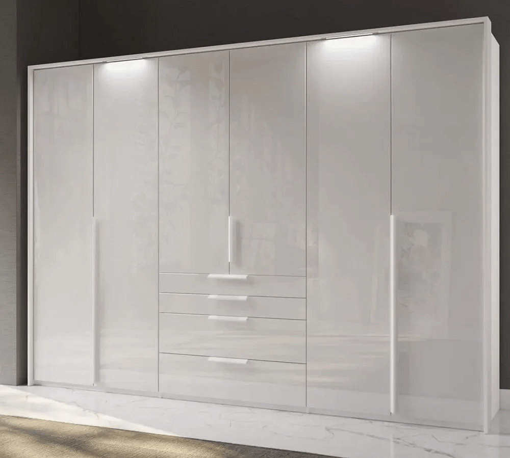 Purisma Alpine White 6 Door 4 Drawer Combi Wardrobe with Crystal White Glass Front - 301cm