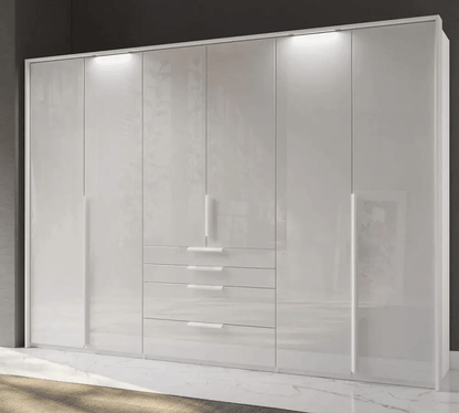 Purisma Alpine White 6 Door 4 Drawer Combi Wardrobe with Crystal White Glass Front - 301cm
