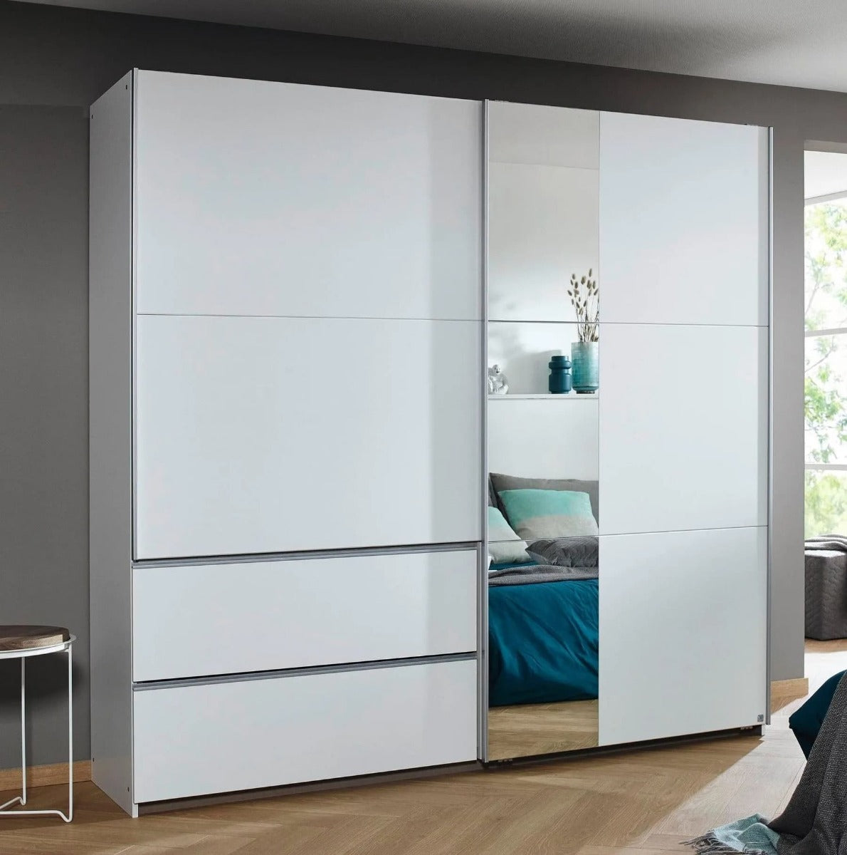 Sevilla Alpine White 2 Door 2 Drawer Combi Sliding Wardrobe with Aluminium Handle Strips and Mirror Panel - 218cm