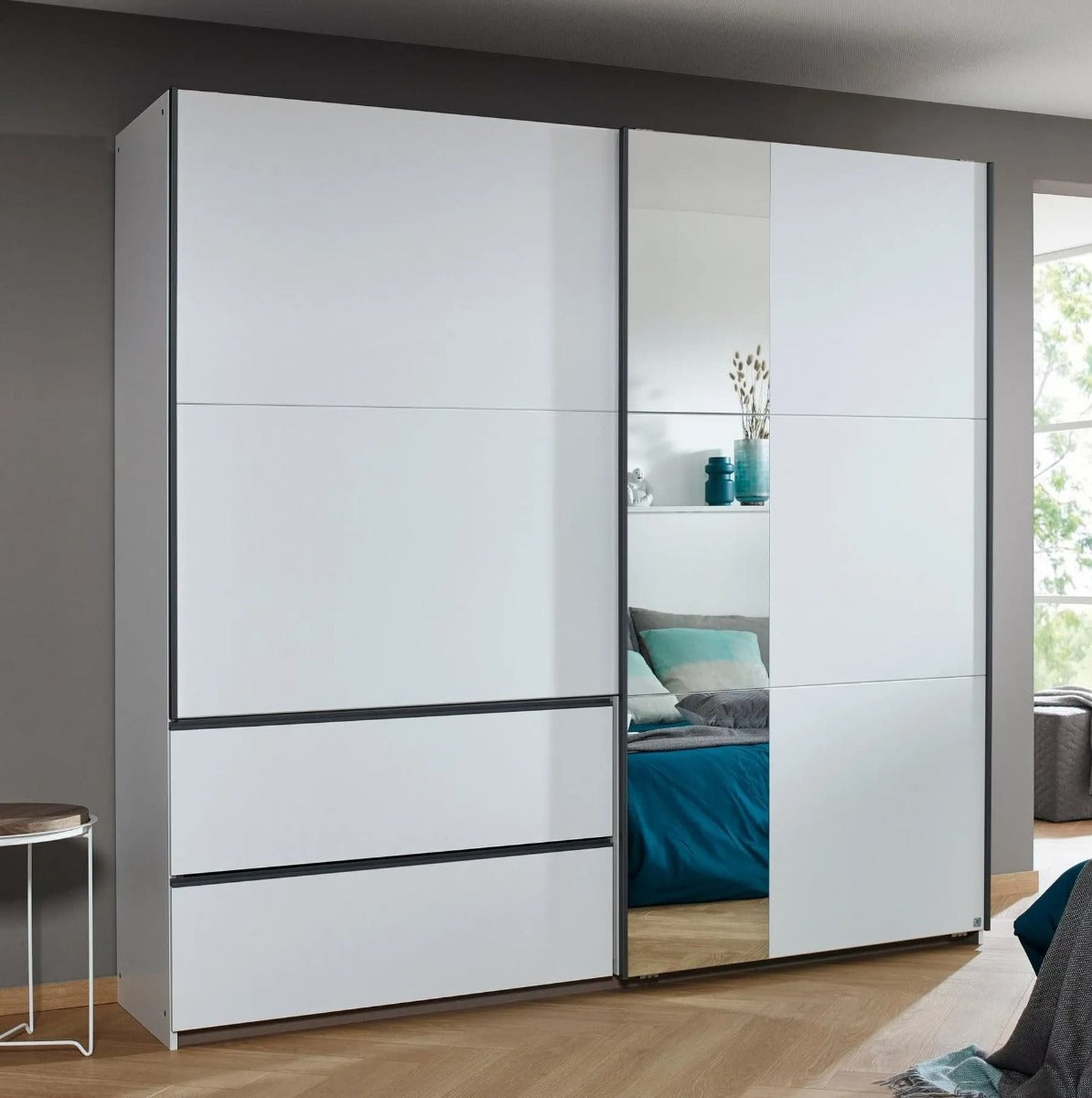 Sevilla Alpine White 2 Door 2 Drawer Combi Sliding Wardrobe with Metallic Grey Handle Strips and Mirror Panel - 218cm