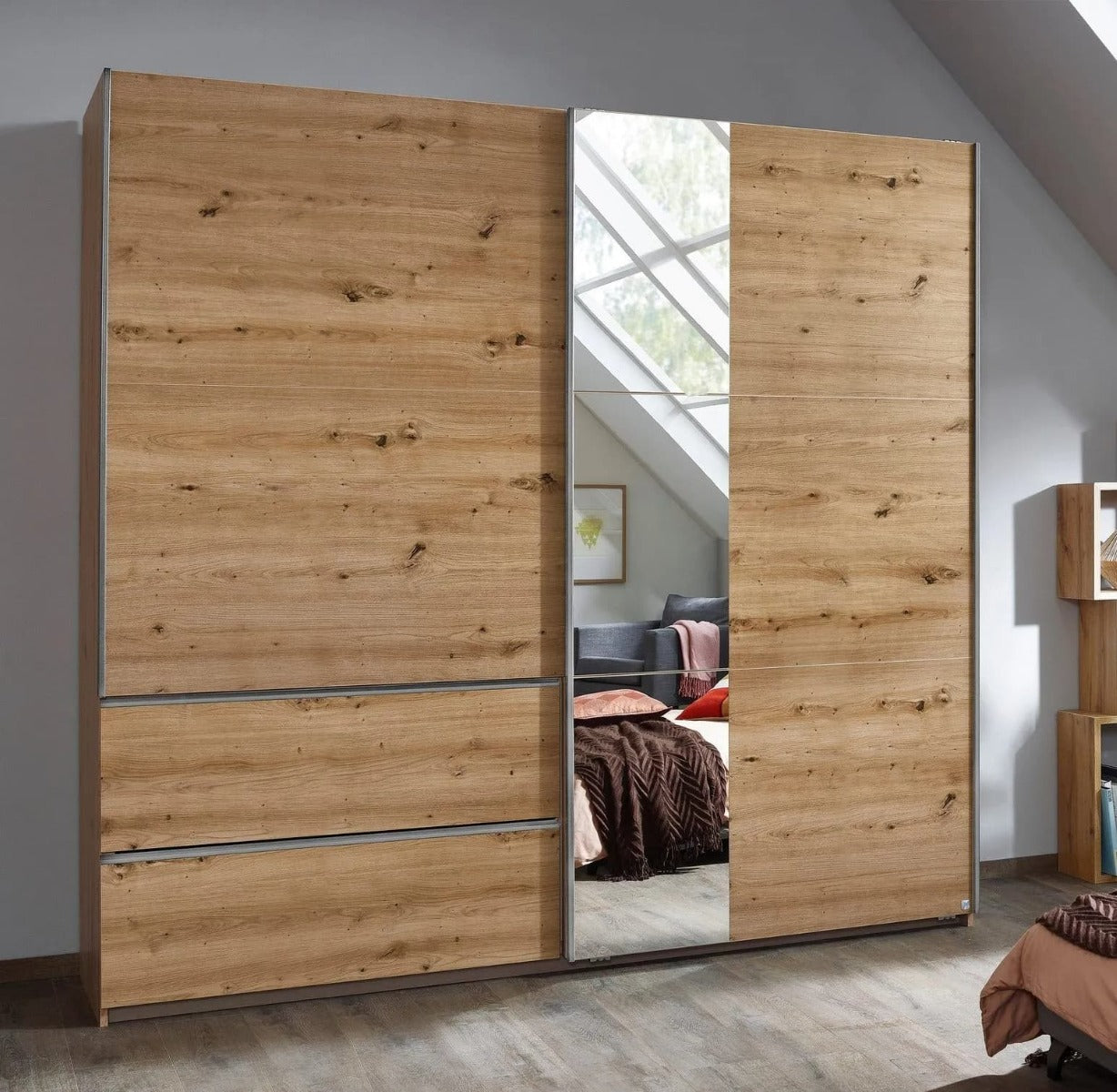 Sevilla Artisan Oak 2 Door 2 Drawer Combi Sliding Wardrobe with Aluminium Handle Strips and Mirror Panel - 218cm
