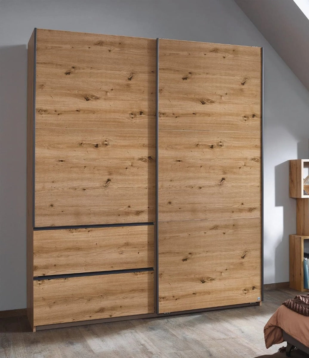 Sevilla Artisan Oak 2 Door 2 Drawer Combi Sliding Wardrobe with Metallic Grey Handle Strips - 175cm