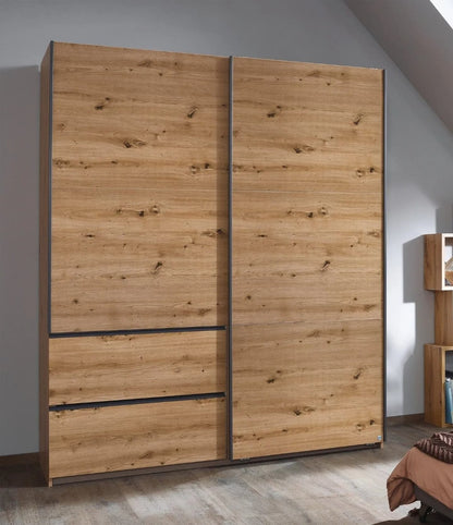 Sevilla Artisan Oak 2 Door 2 Drawer Combi Sliding Wardrobe with Metallic Grey Handle Strips - 175cm
