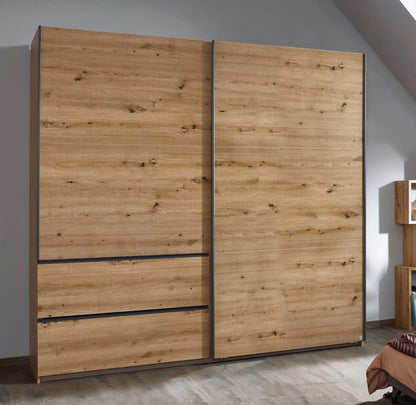 Sevilla Artisan Oak 2 Door 2 Drawer Combi Sliding Wardrobe with Metallic Grey Handle Strips - 218cm