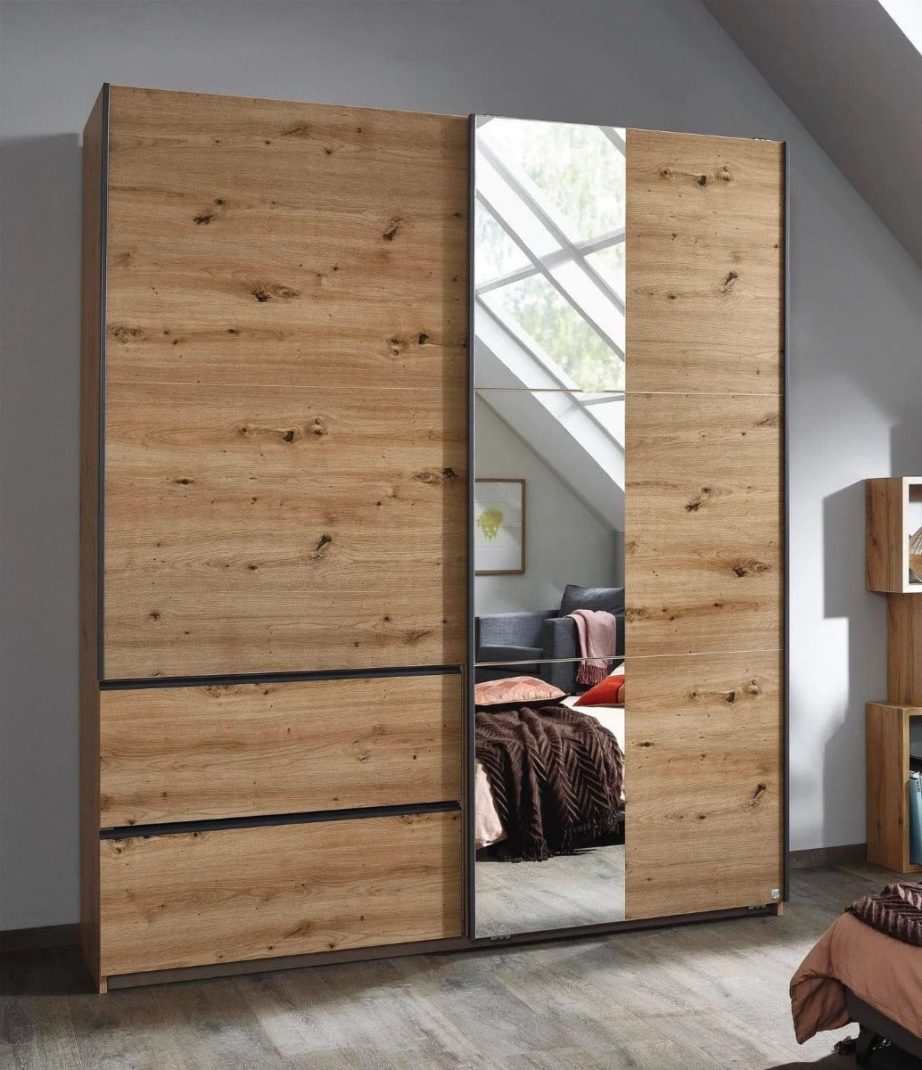 Sevilla Artisan Oak 2 Door 2 Drawer Combi Sliding Wardrobe with Metallic Grey Handle Strips and Mirror Panel - 175cm