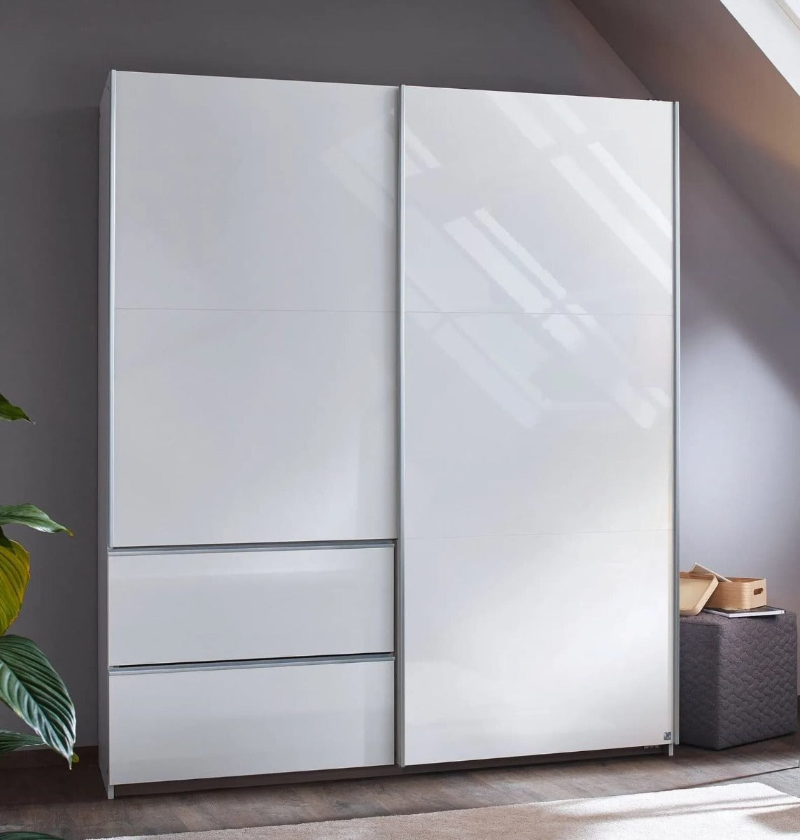 Sevilla High Gloss Alpine White 2 Door 2 Drawer Combi Sliding Wardrobe with Aluminium Handle Strips - 175cm