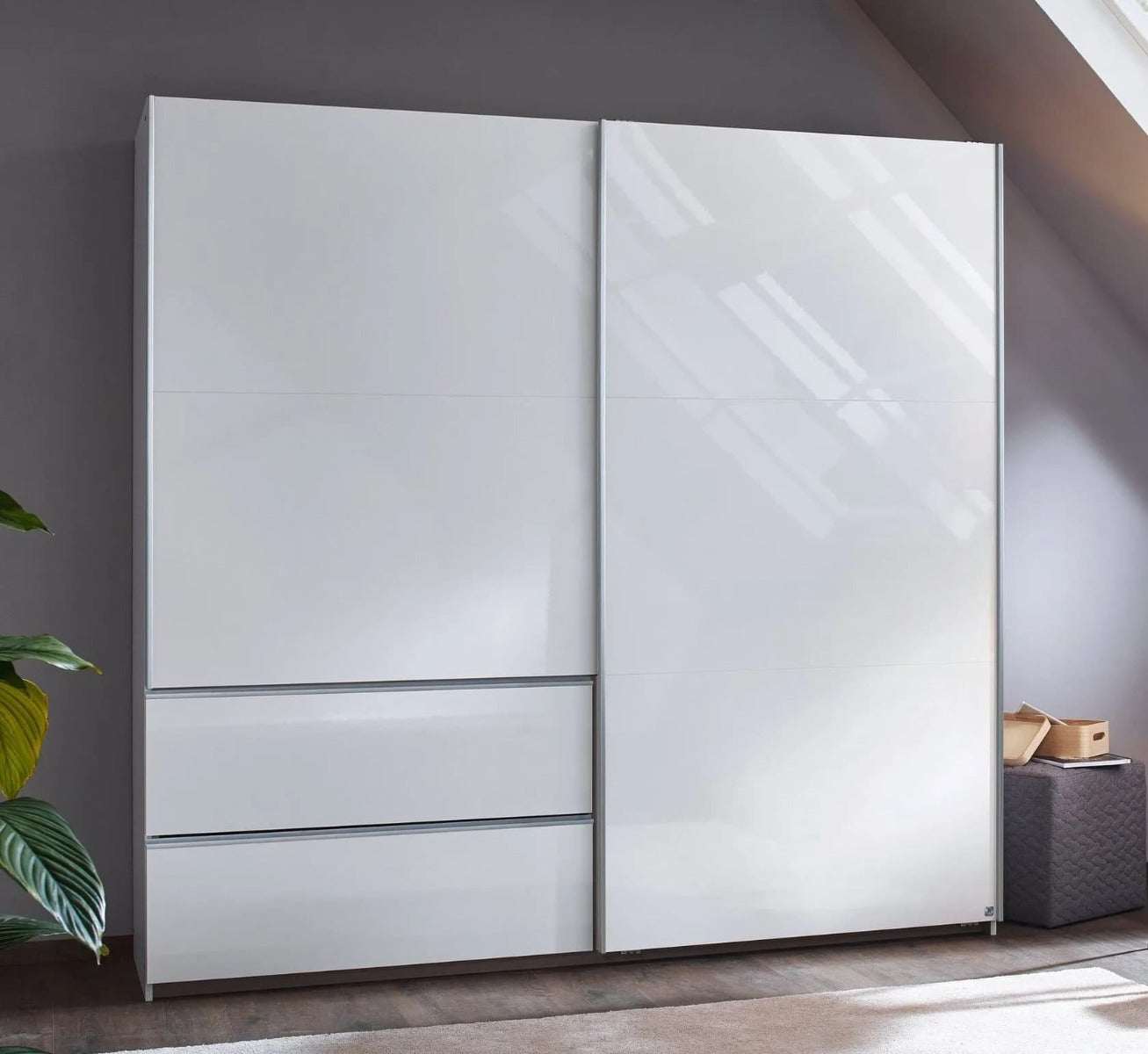 Sevilla High Gloss Alpine White 2 Door 2 Drawer Combi Sliding Wardrobe with Aluminium Handle Strips - 218cm