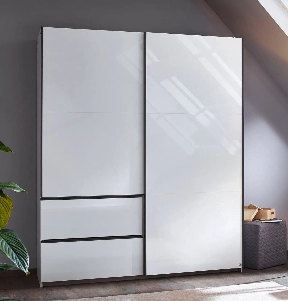 Sevilla High Gloss Alpine White 2 Door 2 Drawer Combi Sliding Wardrobe with Metallic Grey Handle Strips - 175cm