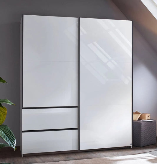Sevilla High Gloss Alpine White 2 Door 2 Drawer Combi Sliding Wardrobe with Metallic Grey Handle Strips - 175cm