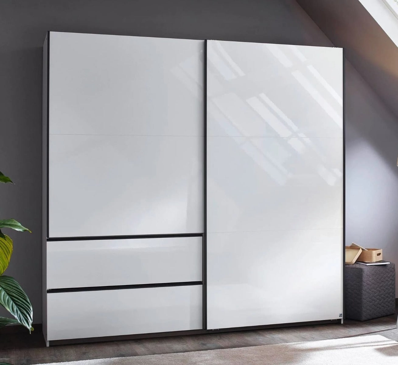 Sevilla High Gloss Alpine White 2 Door 2 Drawer Combi Sliding Wardrobe with Metallic Grey Handle Strips - 218cm