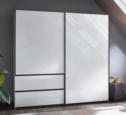 Sevilla High Gloss Alpine White 2 Door 2 Drawer Combi Sliding Wardrobe with Metallic Grey Handle Strips - 218cm
