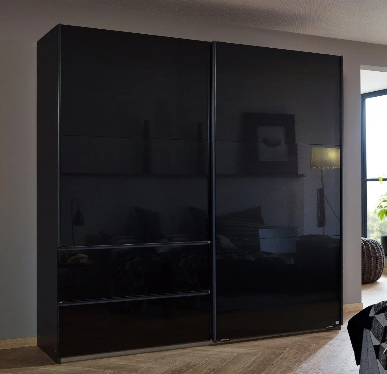 Sevilla High Gloss Metallic Grey 2 Door 2 Drawer Combi Sliding Wardrobe - 218cm