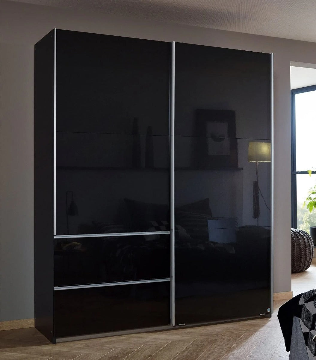 Sevilla High Gloss Metallic Grey 2 Door 2 Drawer Combi Sliding Wardrobe with Aluminium Handle Strips - 175cm