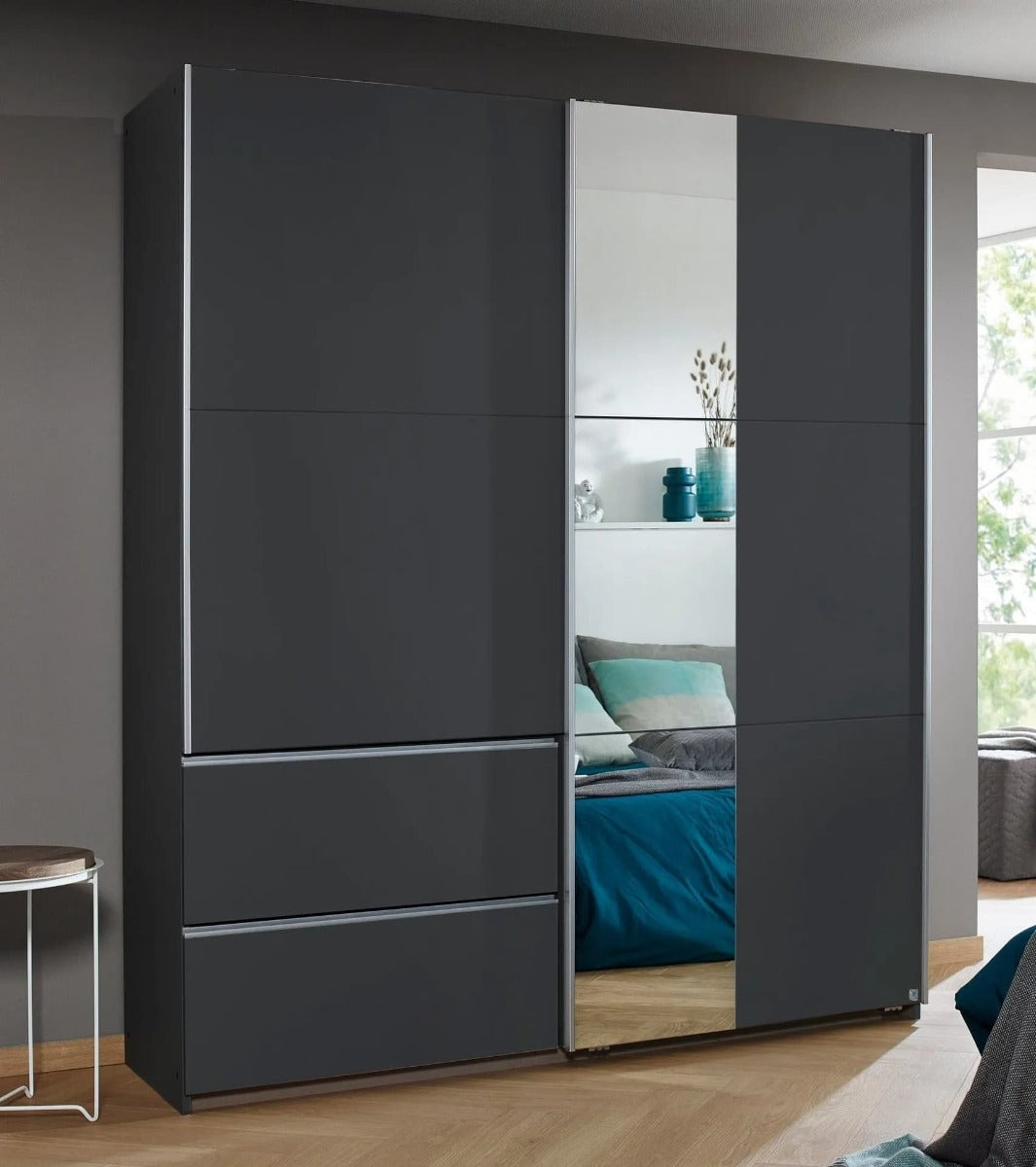 Sevilla Metallic Grey 2 Door 2 Drawer Combi Sliding Wardrobe with Aluminium Handle Strips and Mirror Panel - 218cm