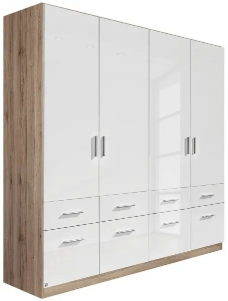 Celle 4 Door White Gloss Combi Wardrobe - 181cm - Sanremo Oak and High Gloss White