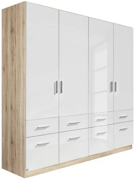 Celle 4 Door White Gloss Combi Wardrobe - 181cm - Sonoma Oak and High Gloss White