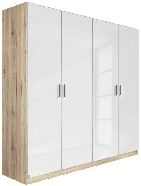 Celle 4 Door White Gloss Wardrobe - 181cm - Sonoma Oak and High Gloss White