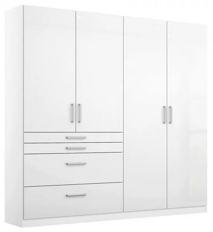 Homburg 4 Door Combi Wardrobe in White - 181cm - Alpine White Carcase and High Polish White Front