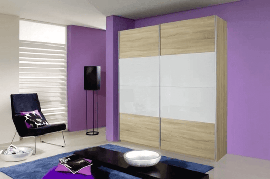 Quadra 2 Door Sliding Wardrobe in Oak and White Glass - W 181cm