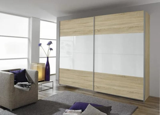 Quadra 2 Door Sliding Wardrobe in Oak and White Glass - W 271cm