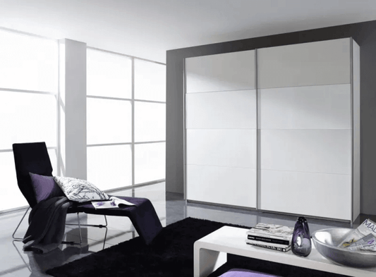 Quadra 2 Door Sliding Wardrobe in Silk Grey and White Glass - W 226cm