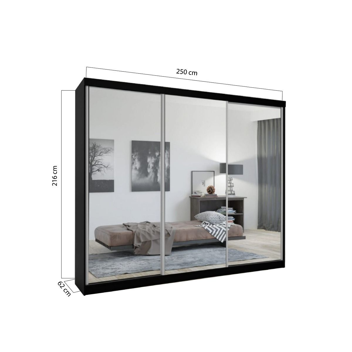 FURCO Chicago II 250cm Black 3 Door Sliding Mirrored Wardrobe - Sleek and Spacious