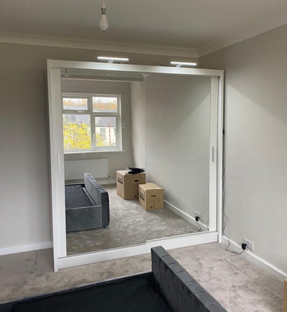 FURCO | Chicago II | 2 Door Sliding Mirrored Wardrobe | Luminous White | Modern & Reflective Design