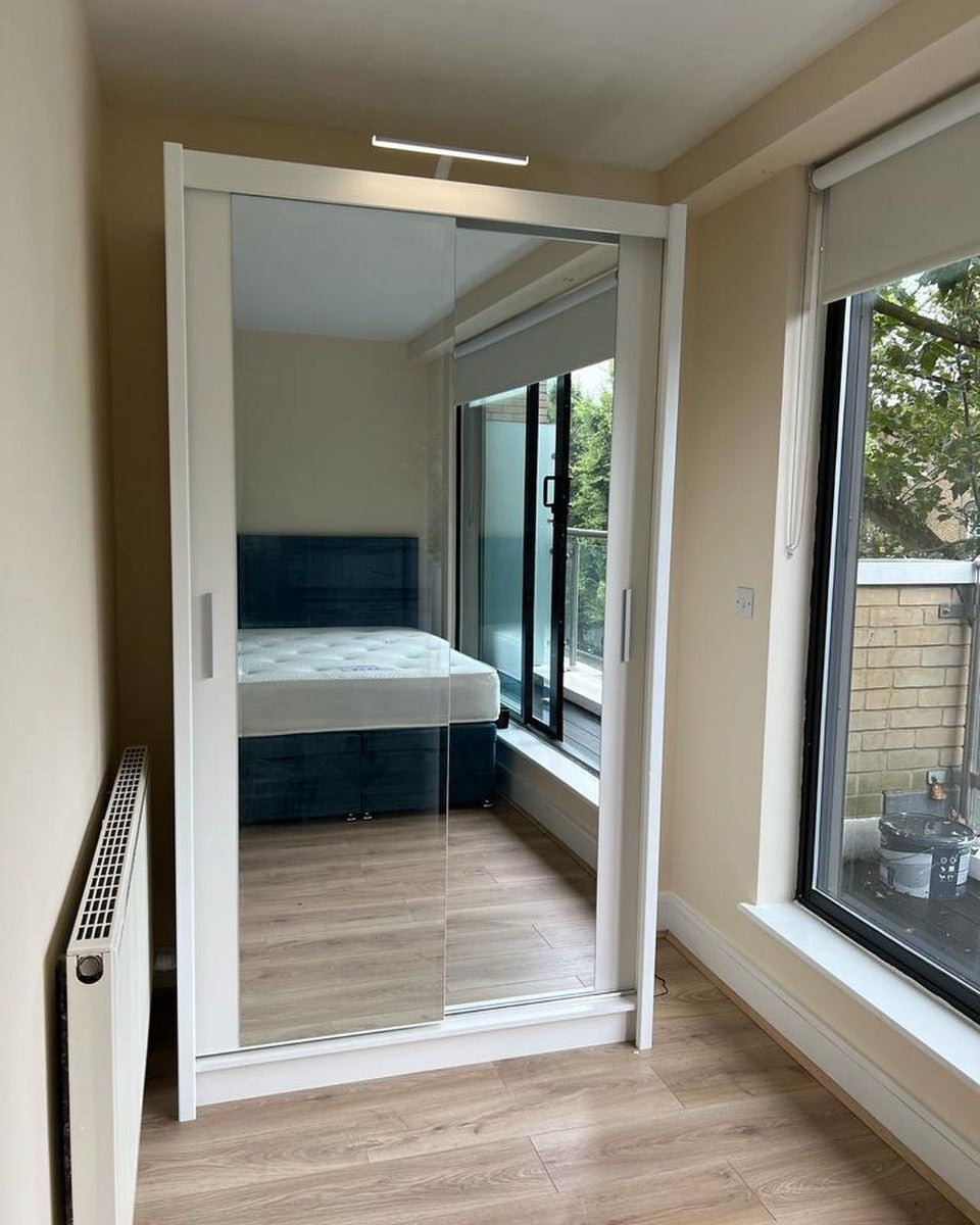 FURCO | Chicago II | 2 Door Sliding Mirrored Wardrobe | Luminous White | Modern & Reflective Design