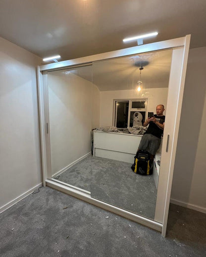 FURCO | Chicago II | 2 Door Sliding Mirrored Wardrobe | Luminous White | Modern & Reflective Design