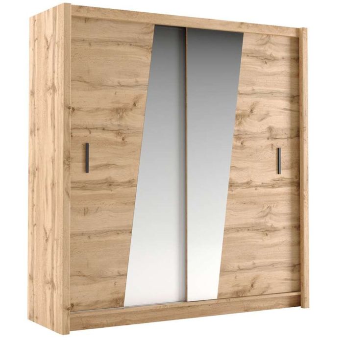Havant Sliding 2 Door 203cm Wardrobe with Slanted Mirror - Oak Wotan