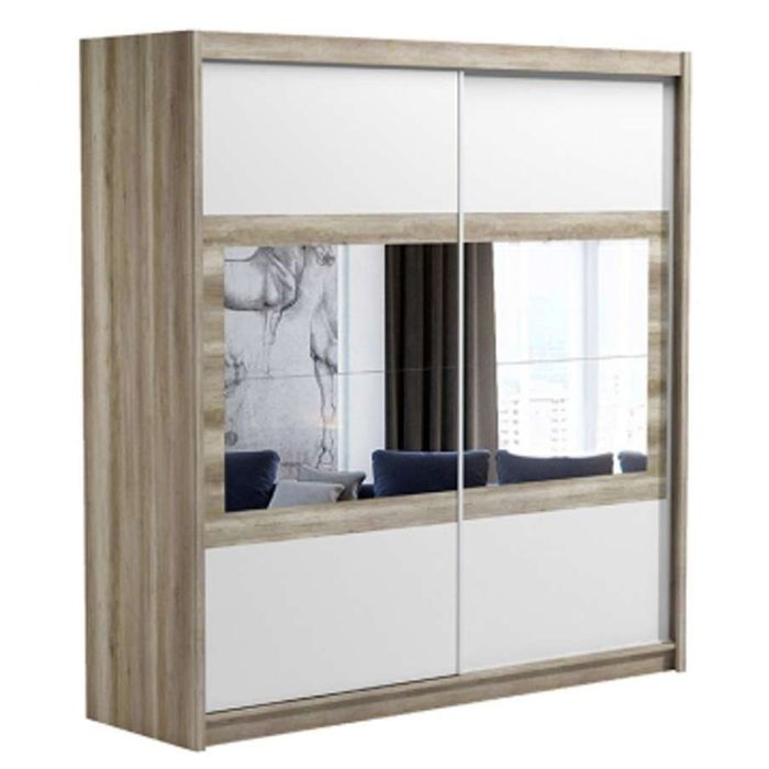 Windsor Oak Canyon & White Mirrored Sliding 2 Door Wardrobe | 203cm | Dual-Tone Elegance | Furco