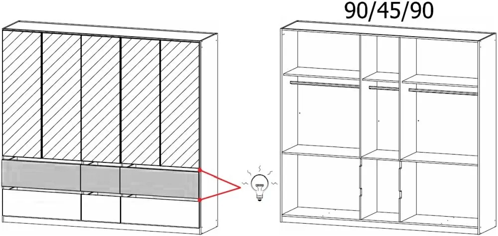 Winnipeg 5 Mirror Door 6 Drawer Combi Wardrobe in Metallic Grey and Halifax Oak - W 226cm