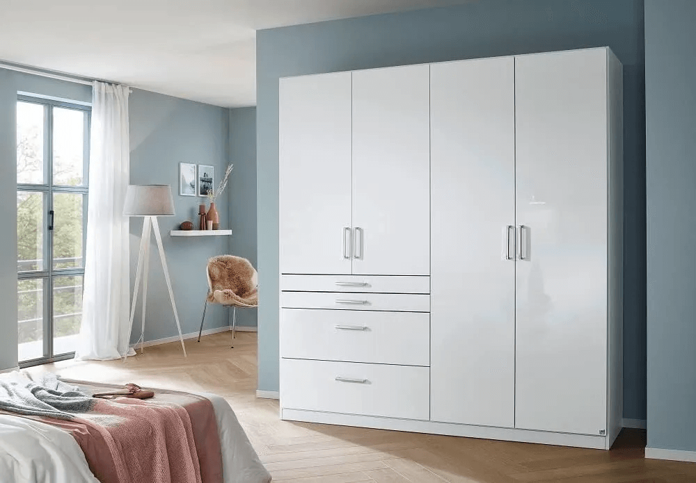 Homburg 4 Door Combi Wardrobe in White - 181cm - Alpine White Carcase and High Polish White Front