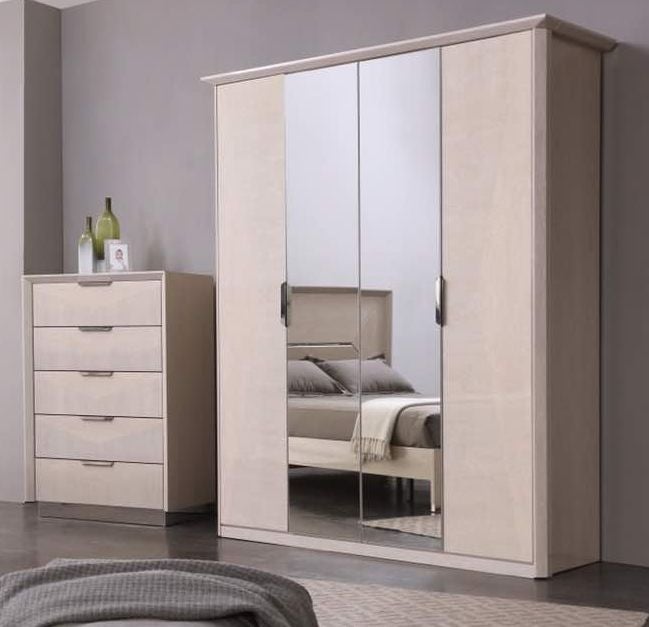 London Cream Walnut 4 Door High Gloss Wardrobe with 2 Mirrors