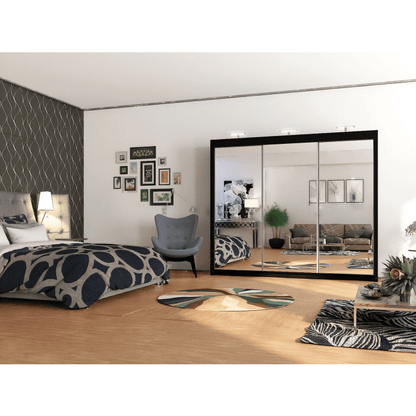 Full Mirrored Large Black 3 Door Sliding Wardrobe 250cm
