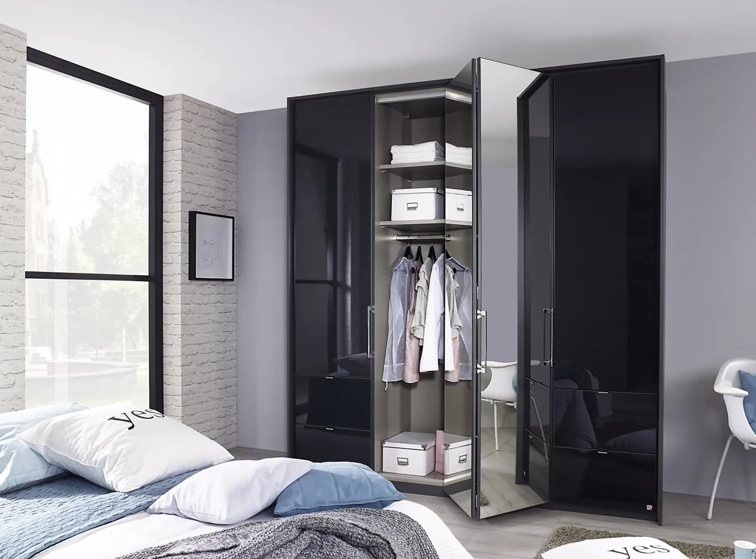 Erimo 4 Door Combi Folding Wardrobe in Graphite and Basalt Glass - W 204cm