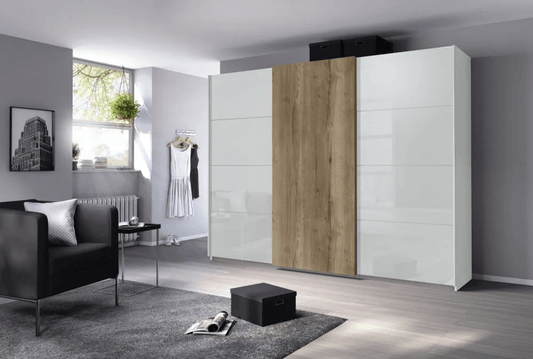 Halifax 3 Door Sliding Wardrobe in Alpine White and Glass White with Oak - W 271cm