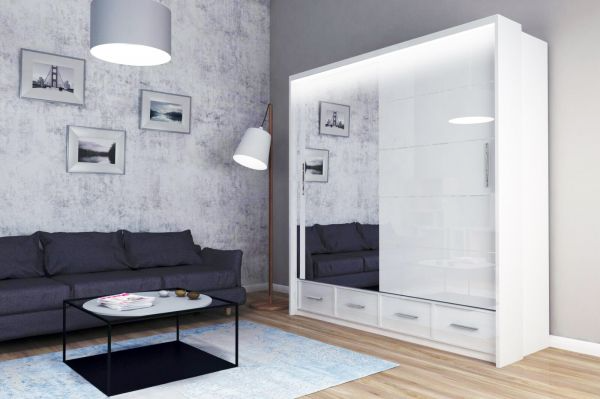 FURCO Mendeley 208cm White High Gloss 2 Door Sliding Wardrobe - Minimalist Elegance