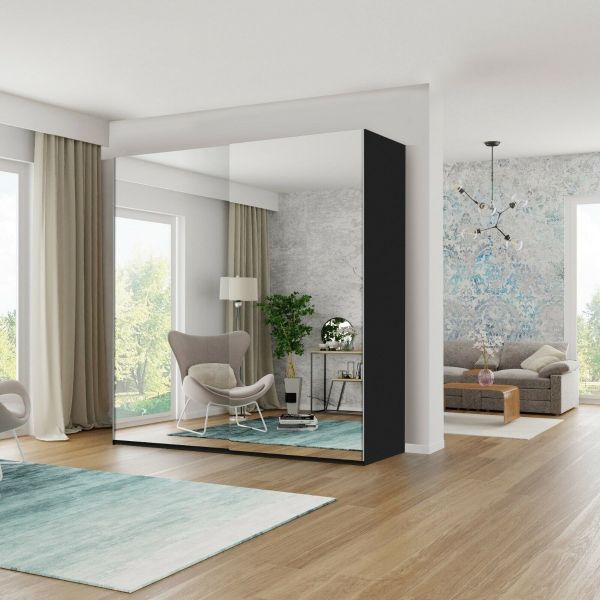 FURCO | Giovany 2 Door Mirrored Sliding Wardrobe | Sleek Black | 3 Size Options | Modern & Spacious