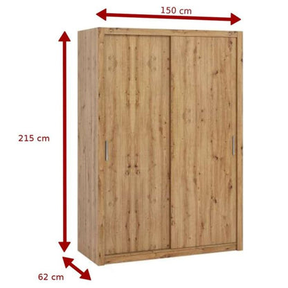 FURCO | Bonito Sliding 2 Door Wardrobe | 150 cm | Gold Oak Finish | Spacious Storage with Elegant Design