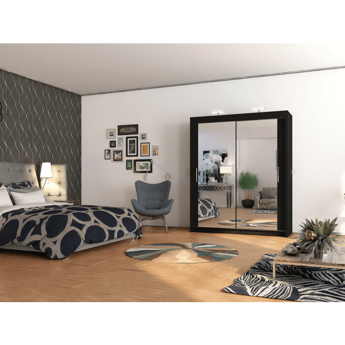 Full Mirrored Black Sliding 2 Door Wardrobe - 4 Sizes