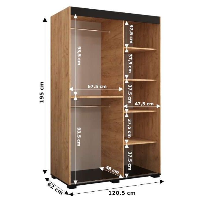 Marston Sliding 2 Door Single Mirror Wardrobe Golden with Black Top - 120cm Width