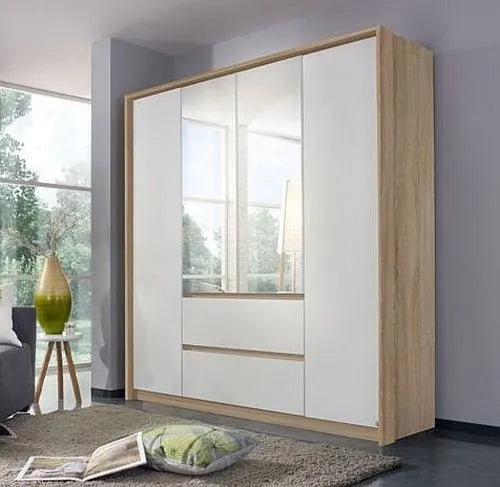 Mainz Sonoma Oak and Alpine White 4 Door 2 Drawer Combi Wardrobe with 2 Mirror Front - 181cm