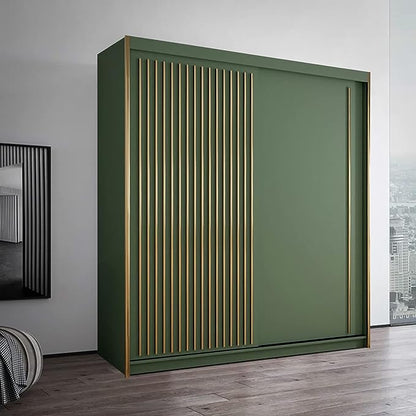 FURCO | Kesteven | Gold Strip Green Sliding 2 Door Wardrobe | 150/203 cm | Luxurious & Spacious Design
