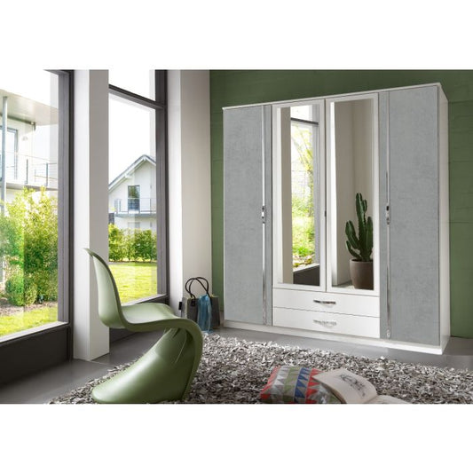 Dewi 4 Door Mirrored Wardrobe | White & Grey with 2 Drawers | Contemporary Design | Furco